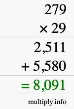 How to calculate 279 times 29 using long multiplication