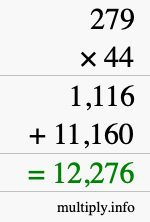How to calculate 279 times 44 using long multiplication