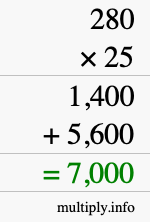 How to calculate 280 times 25 using long multiplication How to calculate 280 times 25 using long multiplication