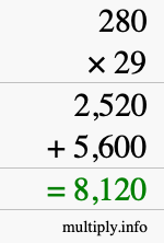 How to calculate 280 times 29 using long multiplication