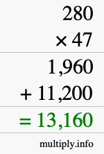 How to calculate 280 times 47 using long multiplication