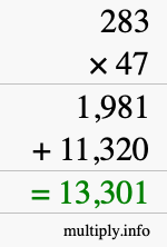 How to calculate 283 times 47 using long multiplication