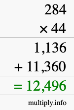 How to calculate 284 times 44 using long multiplication