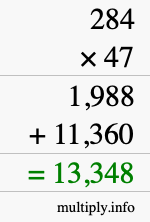 How to calculate 284 times 47 using long multiplication