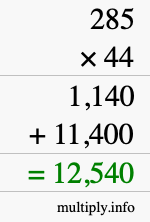 How to calculate 285 times 44 using long multiplication