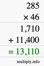 How to calculate 285 times 46 using long multiplication
