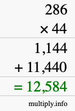 How to calculate 286 times 44 using long multiplication