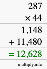 How to calculate 287 times 44 using long multiplication