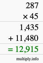 How to calculate 287 times 45 using long multiplication