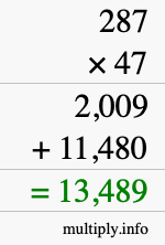 How to calculate 287 times 47 using long multiplication