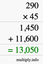 How to calculate 290 times 45 using long multiplication How to calculate 290 times 45 using long multiplication