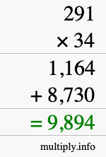 How to calculate 291 times 34 using long multiplication