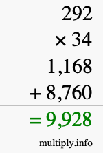 How to calculate 292 times 34 using long multiplication