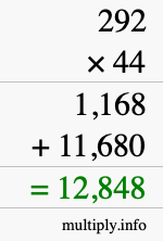 How to calculate 292 times 44 using long multiplication