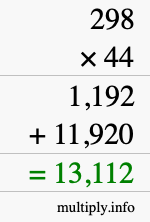How to calculate 298 times 44 using long multiplication