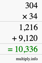 How to calculate 304 times 34 using long multiplication