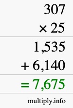 How to calculate 307 times 25 using long multiplication