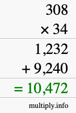How to calculate 308 times 34 using long multiplication