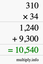 How to calculate 310 times 34 using long multiplication