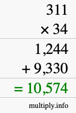 How to calculate 311 times 34 using long multiplication