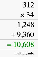 How to calculate 312 times 34 using long multiplication