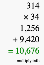 How to calculate 314 times 34 using long multiplication