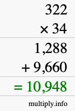 How to calculate 322 times 34 using long multiplication