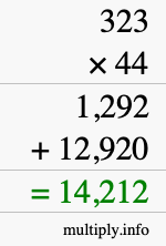 How to calculate 323 times 44 using long multiplication