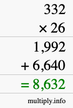 How to calculate 332 times 26 using long multiplication