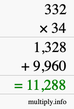 How to calculate 332 times 34 using long multiplication