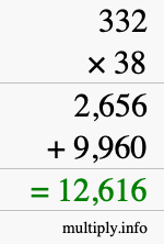 How to calculate 332 times 38 using long multiplication