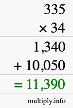 How to calculate 335 times 34 using long multiplication