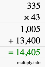 How to calculate 335 times 43 using long multiplication