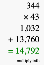 How to calculate 344 times 43 using long multiplication