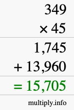 How to calculate 349 times 45 using long multiplication