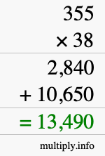 How to calculate 355 times 38 using long multiplication