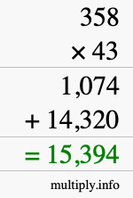 How to calculate 358 times 43 using long multiplication