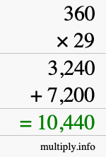 How to calculate 360 times 29 using long multiplication How to calculate 360 times 29 using long multiplication