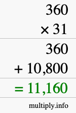 How to calculate 360 times 31 using long multiplication