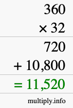 How to calculate 360 times 32 using long multiplication How to calculate 360 times 32 using long multiplication