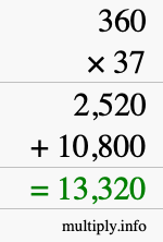 How to calculate 360 times 37 using long multiplication
