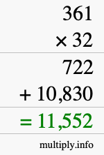 How to calculate 361 times 32 using long multiplication