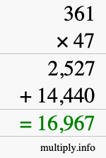 How to calculate 361 times 47 using long multiplication
