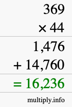 How to calculate 369 times 44 using long multiplication