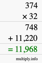 How to calculate 374 times 32 using long multiplication