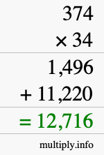 How to calculate 374 times 34 using long multiplication