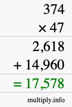 How to calculate 374 times 47 using long multiplication