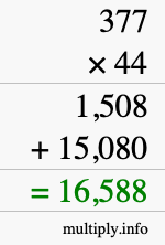 How to calculate 377 times 44 using long multiplication