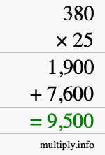 How to calculate 380 times 25 using long multiplication