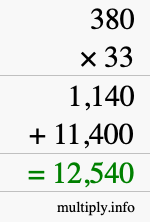 How to calculate 380 times 33 using long multiplication